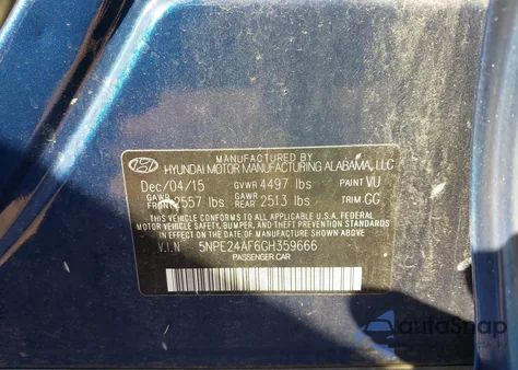 2016 Hyundai Sonata Se from USA, damaged, VIN 5NPE24AF6GH359666